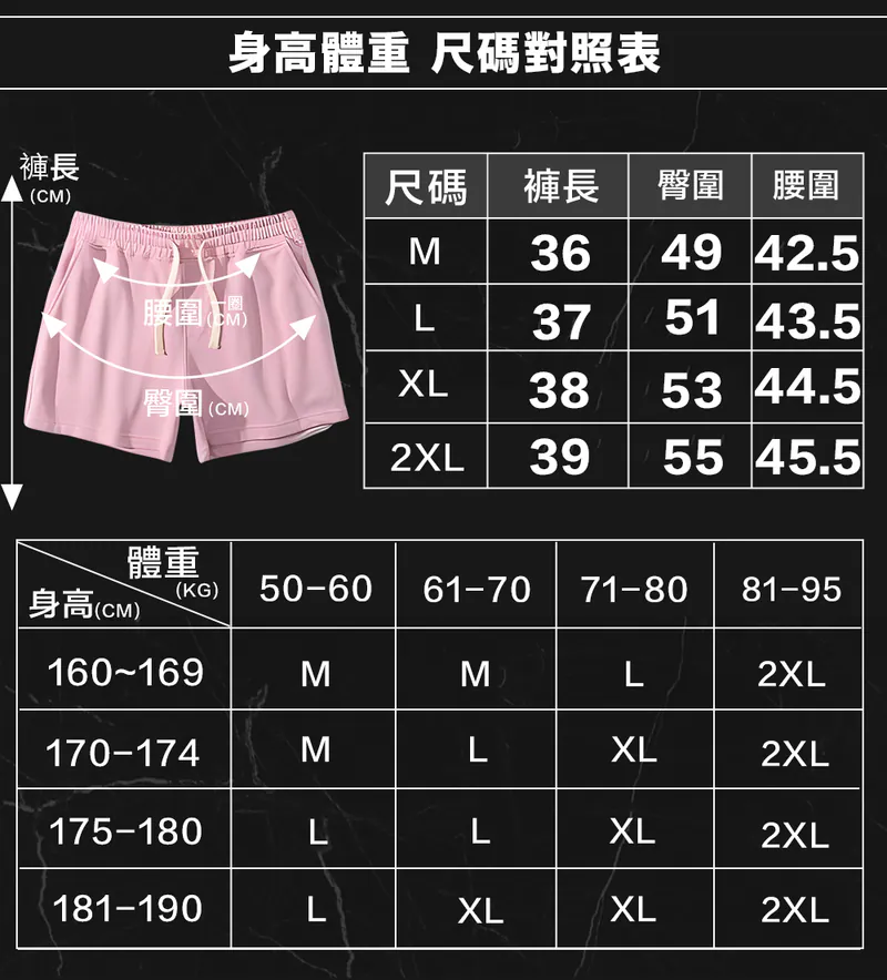 HP101 尺碼對照表 美式厚磅肌力短褲|練腿日必備